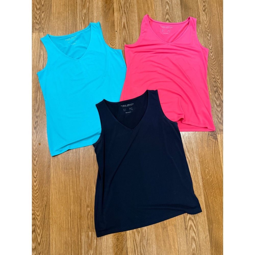 Susan Graver Tank Top Bundle Women Small Navy Pink Blue V-Neck Liquid Knit 3pk